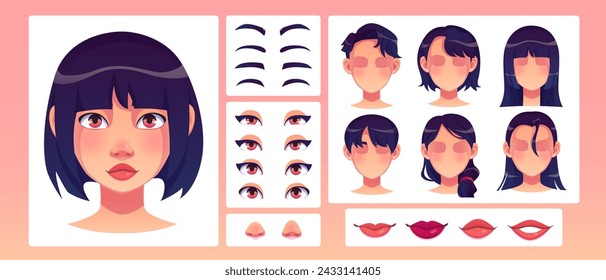 Girl face construction kit. Cartoon vector illustration set of various forms of eyes and brows, nose and lips, haircut for creation of female character avatar. Woman head generator for animation.