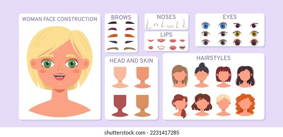 Constructor de cara de chica. Dibujo de construcción avatar facial, morena rubia o pelo rojo. Diferentes narices y labios, creadora de vectores de mujeres nubladas