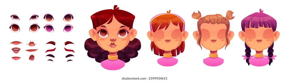 Girl face constructor set - cartoon female kid avatar elements for character creation. Eyes and brows, mouth and hair in cute style. Vector illustration kit for children head animation design.