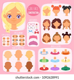 Girl Face Constructor Vector Kids Character Avatar And Girlish Creation Head Lips Or Eyes Illustration Girlie Set Of Facial Elements Construction With Children Hairstyle Isolated On Background