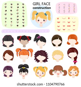 Girl face constructor vector kids character avatar and girlish creation head lips or eyes illustration girlie set of facial elements construction with children hairstyle isolated on white background