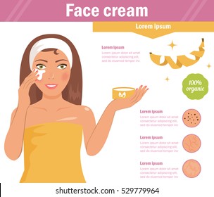 Girl with face cream. Banana. Skin problems. Vector. Cartoon. Isolated. Flat. Illustration for websites, brochures, magazines. Medicine.