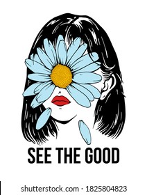 Girl face  with a daisy illustration