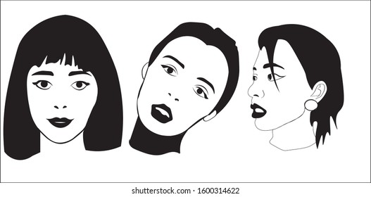 girl face, different angles, graphics, vector, black and white face, hairstyles