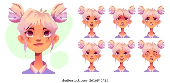 Girl face with different emotions - joy and sadness, fear and surprise, anger and cry. Cartoon female character portrait avatar showing range of feelings through expressive eyes, mouth and eyebrows.