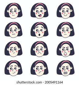 Girl face with different emotions vector set