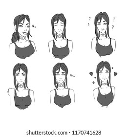 Girl face in different moods Vector. Storyboard character artline illustrations