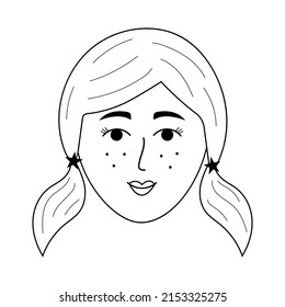 Girl face in doodle style. Avatar of young woman with ponytails and freckles. Vector illustration.