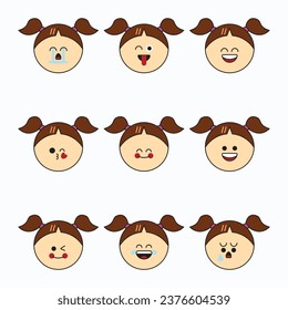 Girl face emoticons icon set. Emoji faces collection. Emoji flat style. Happy and girl face emoji.