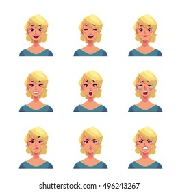 Girl face expression, set of cartoon vector illustrations isolated on white background. Blond woman emoji face icons, symbols of human expressions, set of female avatars with different emotions