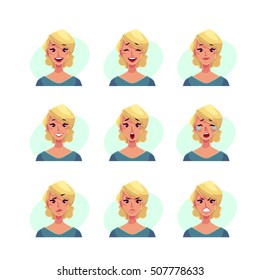 Expresión femenina, conjunto de ilustraciones vectoriales de dibujos animados aisladas en fondo azul. Iconos emojis de mujer rubia, símbolos de expresiones humanas, conjunto de avatares femeninos con diferentes emociones