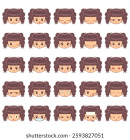Girl face expressions, cute, child, vector illustration, set collection