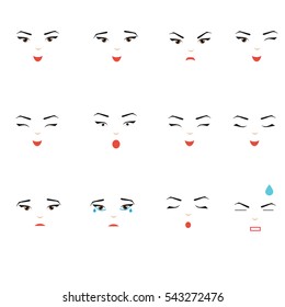Girl face expressions. Woman, female emoji set, isolated design elements, symbols. Sad, happy, angry and other emotions
