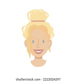 Girl face flat. Friendly young woman with blond hair in bun. Hand drawn vector illustration.