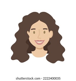 Girl face flat. Friendly young woman with long wavy dark hair. Hand drawn vector illustration.