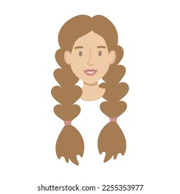 Girl face flat. Friendly young woman with long brown hair in two braids. Hand drawn vector illustration.