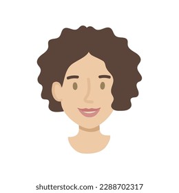 Girl face flat. Friendly young woman with curly dark hair. Hand drawn vector illustration.