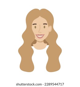 Girl face flat. Friendly young woman with long wavy brown hair. Hand drawn vector illustration.