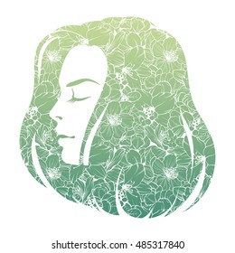 Girl face Floral hair. Natural cosmetic spa care for hair beauty design