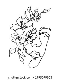 girl face and flower outline pen  illustration