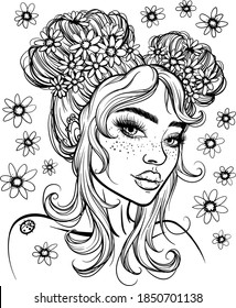 girl face with flowers in her hair