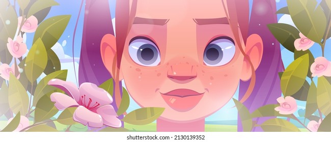 Girl face and flowers at spring or summer garden, young ginger freckled woman surrounded with beautiful pink blossoms under blue sky, pretty female character portrait, Cartoon vector illustration