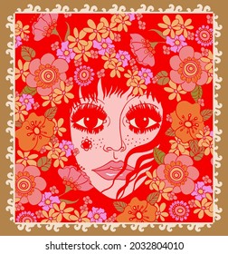 girl face in flowers, vintage colors, hippie 70s style poster