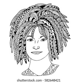 Girl face Hand drawn sketched vector illustration. Doodle woman face graphic with ornate pattern. Design Isolated on white.
