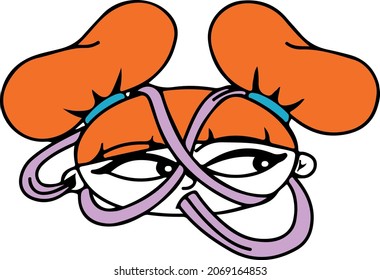 Girl face illustration with a very long tongue that goes around her stopping her from speaking and listening. It is a concept about being too shy to speak your words or too talkative to listen