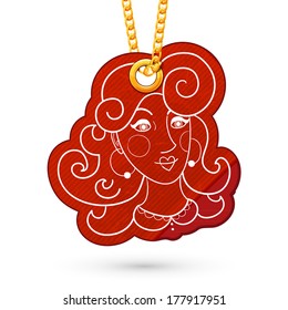Girl face. Label tag hanging on golden chain. Red design element isolated on white. Vector illustration