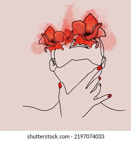 Girl Face Line Art Vector Design. Mid Century Art