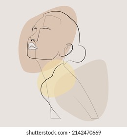 Girl. The face is a line and colored spots. Abstract poster with minimal female face. The style of drawing a single line.