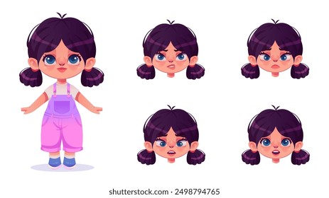 Cara de niña. Estilo de dibujos animados de niña. El niño y su cara con diferentes emociones. Conjunto de expresión facial. СUte bebé en mono rosa. Ilustración vectorial