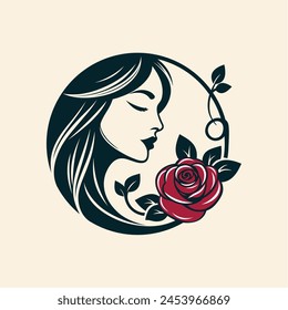 Girl face logo with combination of floral design, circle line style design