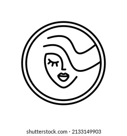 girl face logo minimalism round. woman face thin line drawing. beauty salon icon. hair curls, lips
