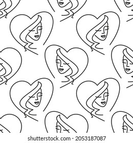 girl face logo on a white background. female face in heart emblem for beauty salon. seamless vector background