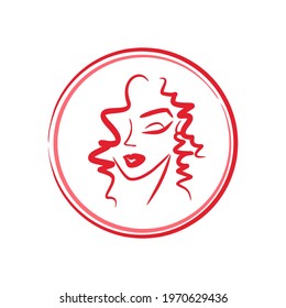 girl face logo round. vector icon - portrait of a young woman. beauty salon, hair care. curly hairstyle, cosmetics. look down, emotions. lips, eyelashes, tattoo