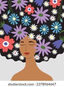 Girl face with long hair in flowers hand drawn flat vector illustration. Drawing happy female image for the concept of self-care, mental health, congratulation on women holidays, poster, cards, design