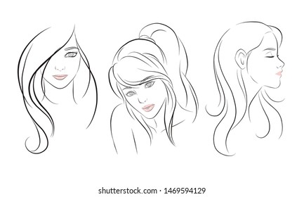 girl face long hair portrait isolated on white background. hand drawn vector illustration