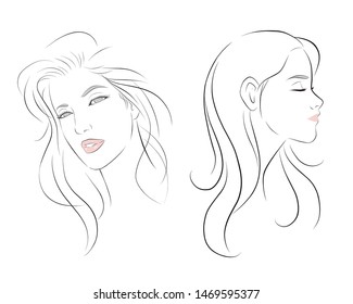 girl face long hair portrait isolated on white background. hand drawn vector illustration