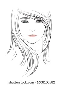 girl face, long hair portrait. isolated on white background. hand drawn vector illustration