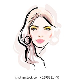 Girl face makeup vector drawing illustration. Beautiful woman fashion portrait sketch.