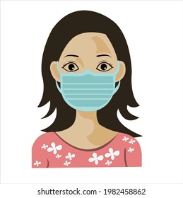 Girl face with mask in current pandemic on white color background.