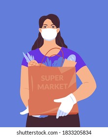 A girl in a face mask and gloves with a bag of groceries from the supermarket. Safe delivery of products from the supermarket. 
Vector illustration. 