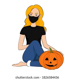 Girl in face mask with Jack O'Lantern. Halloween 2020 concept. Vector illustration.