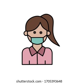 Girl in face mask medical vector icon or woman person wear protective medical mask flat cartoon isolated symbol, line art, flat illustration - Vector