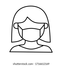 Girl in face mask medical vector icon or woman person wear protective medical mask flat cartoon isolated symbol, line art, flat illustration - Vector