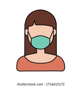 Girl in face mask medical vector icon or woman person wear protective medical mask flat cartoon isolated symbol, line art, flat illustration - Vector
