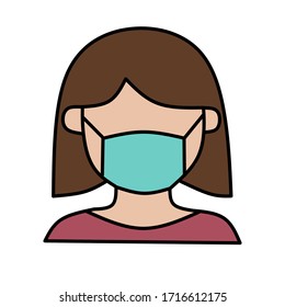 Girl in face mask medical vector icon or woman person wear protective medical mask flat cartoon isolated symbol, line art, flat illustration - Vector