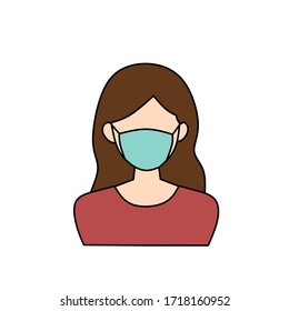 Girl in face mask medical vector icon or woman person wear protective medical mask flat cartoon isolated symbol, line art, flat illustration - Vector